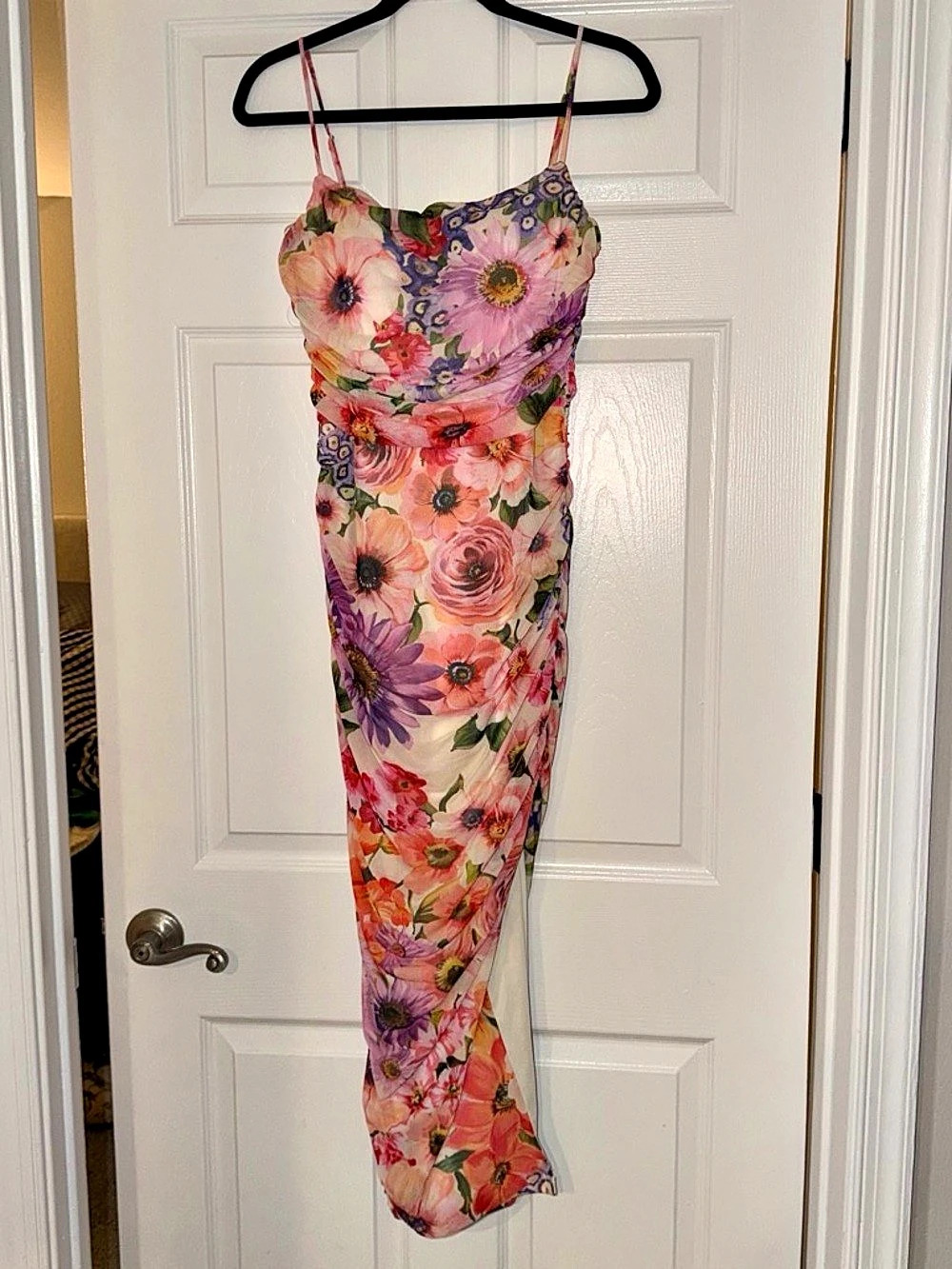 Express Floral Mesh Square Neck Ruched Midi Dress Pink & Purple Medium Like New